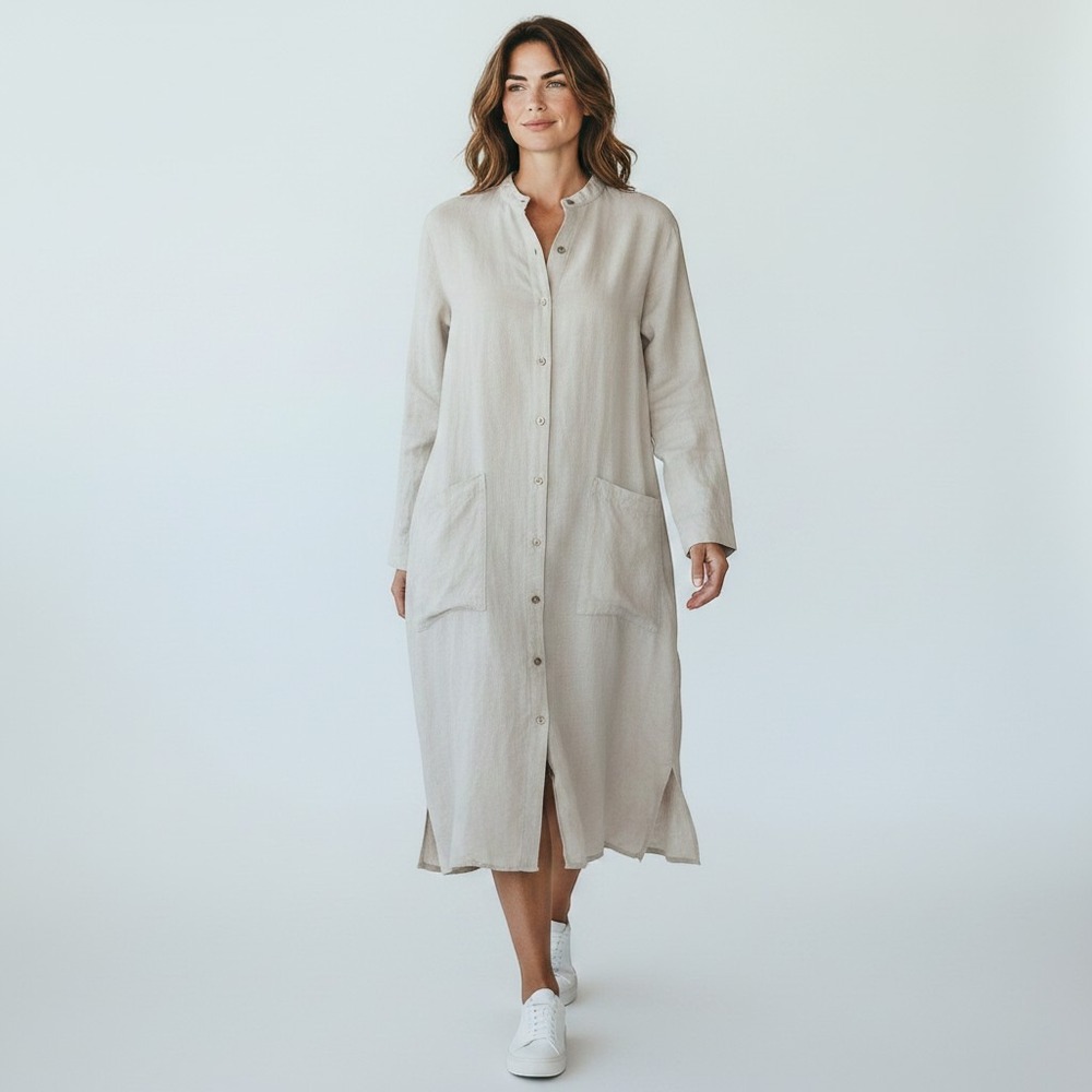 Eileen Fisher Women M Organic Linen Mandarin Shirt Dress Beige Lagenlook Coastal